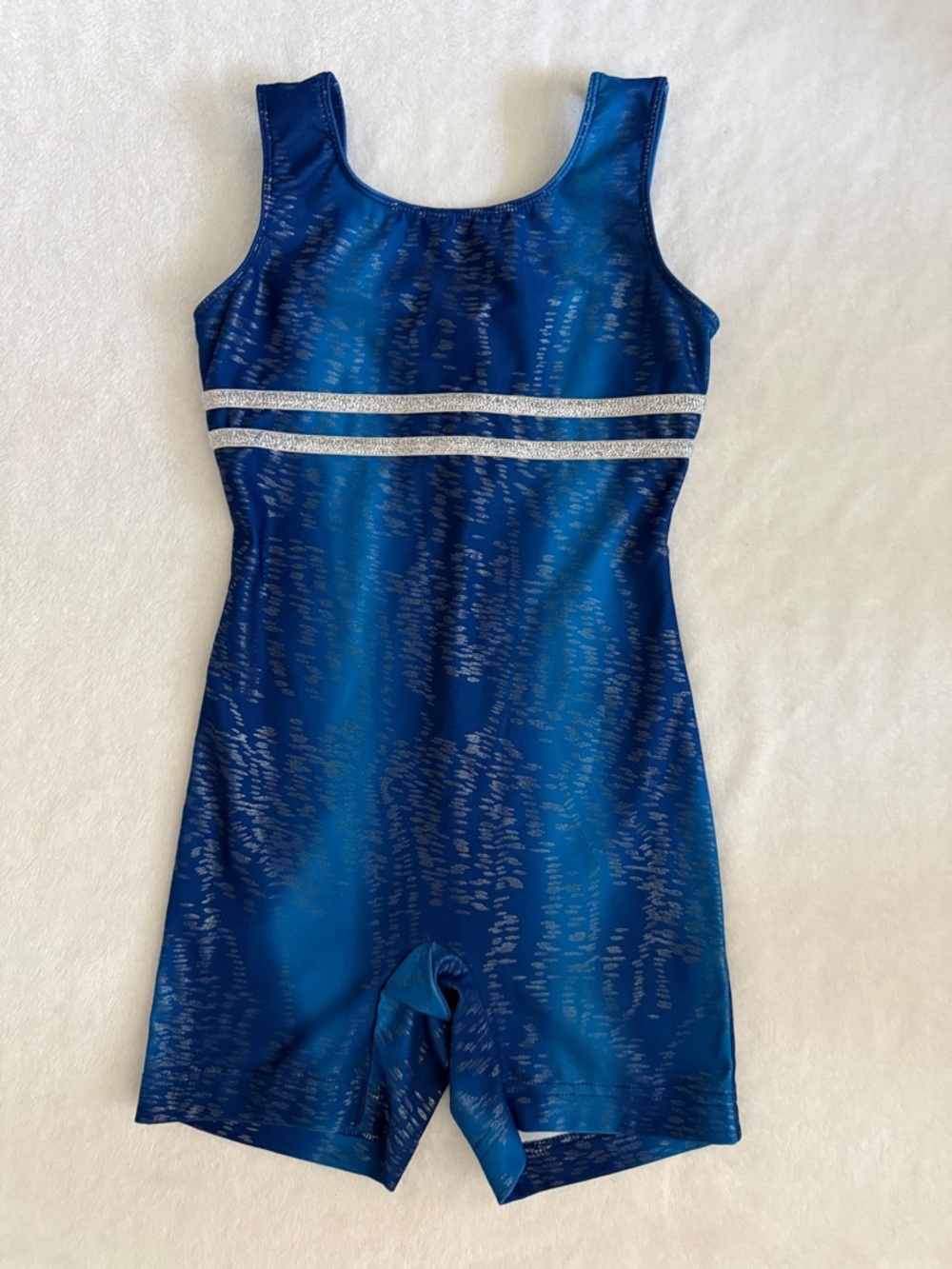 Danskin Now | Metallic Stripe Gymnastics Dance Biketard Leotard Blue Silver 6/6X